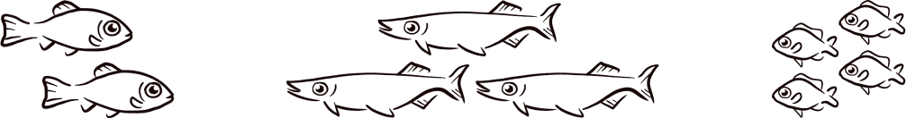 3 different schools of different fish. there is more space between the groups of different fish than between the individual fish in each group making each group of fish distinct, showing good proximity